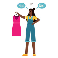 A young girl with dark skin holds a pink dress in her hands and thinks she needs it or wants it. The theme of reasonable consumption, overconsumption, conscious choice of clothing. Vector illustration