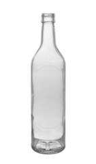 An empty open wine bottle made of transparent glass. On a white background, close-up