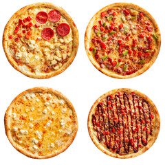 Set of different pizzas collage isolated on white background