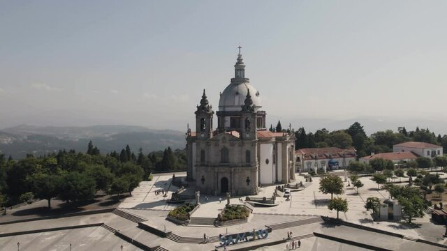 Orbital drone shot Sanctuary of Our Lady of Sameiro, Portugal