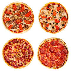 Set of different pizzas collage isolated on white background