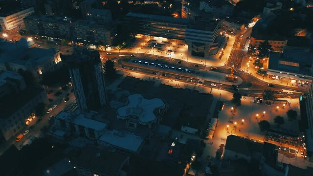 Amazing night aerial view over the city of Krusevac in Serbia - Southeast Europe -  drone footage 4K