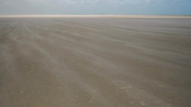 A hard wind is blowing over the beach on a half sunny day, a real sand blasting day at the sea.