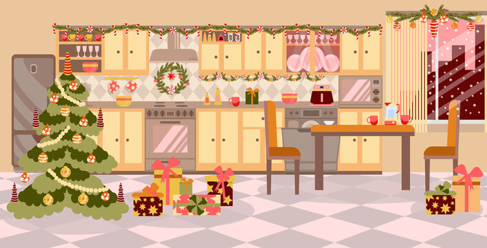Christmas and New Year decorate the interior of the kitchen. Vector illustration in a flat cartoon style