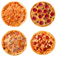 Set of different pizzas collage isolated on white background