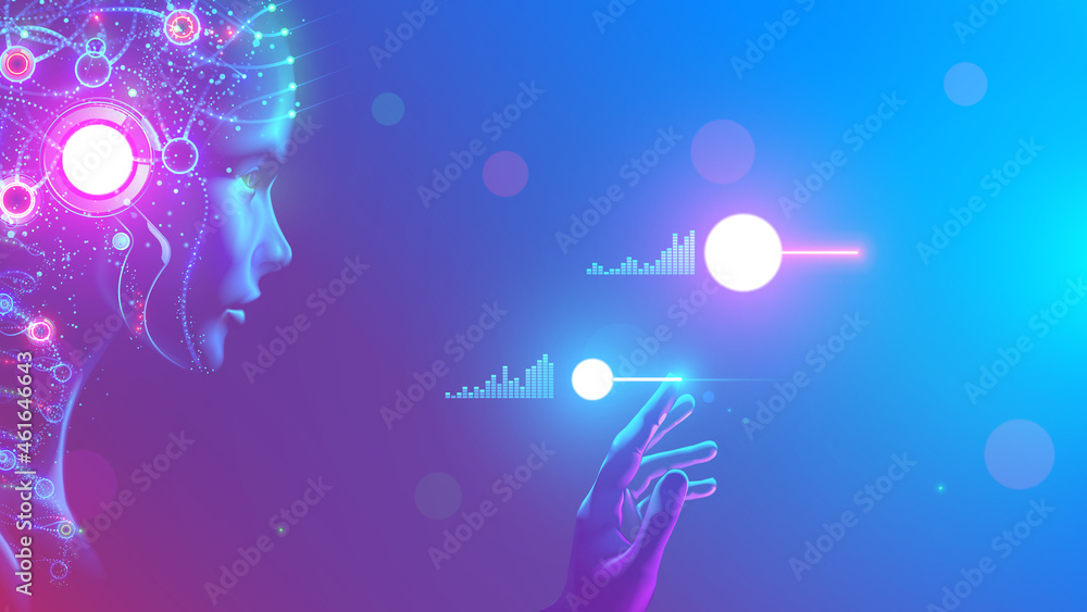 Poster AI in image cybernetic anthropomorphic woman working with matrix data on virtual interface. head or face of artificial intelligence with mind looking at information and teaching neural networks.