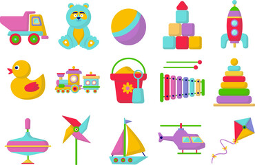 Fototapeta na wymiar Collection of toy icons - vector color illustration. Toys for the child.