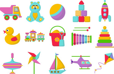 Collection of toy icons - vector color illustration. Toys for the child.