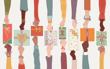 Isolated arms of diverse and multicultural men and women people exchanging gift boxes as a gift for Christmas holidays for new year or birthday or anniversary or anniversary. Gift concept
