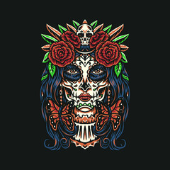 Obraz premium Day of the dead, Dia de los muertos. Girl with makeup - sugar skull with rose flowers, hand drawn line style with digital color, vector illustration