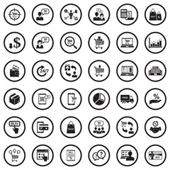 Consumer Behavior Icons. Black Flat Design In Circle. Vector Illustration.