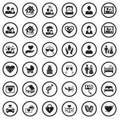 Couple Icons. Black Flat Design In Circle. Vector Illustration.