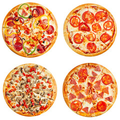 Collage set of four different pizzas for menu isolated on white