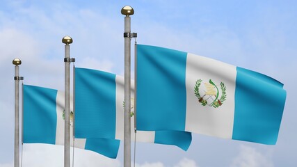 3D, Guatemalan flag waving on wind. Guatemala banner blowing soft silk.