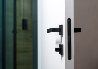 Black metal latch and handles on a white wooden bathroom door