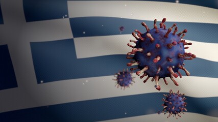 3D, Greek flag waving with Coronavirus outbreak. Greece Covid 19