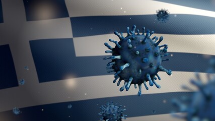 Fototapeta na wymiar 3D, Flu coronavirus floating over Greek flag. Greece and pandemic Covid 19