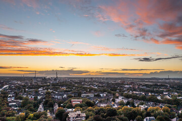 Romantic sunset over the skyline of Duisburg in autumn