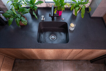 Top down view on a modern kitchen sink with leafy green plants