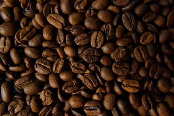 Close up view of a pile coffee beans