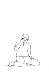 man sits on his knees looking at his clenched fist from which blood flows - one line drawing. an injured kneeling man watches the bleeding from his own hand
