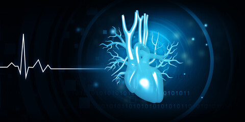 Heart and ecg graph on blue background. 3d illustration.