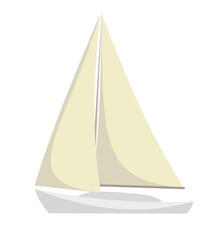 Sailing yacht. White single masted vessel with classic hull lines. View from afar. Isolated on white background. Flat style. Vector.