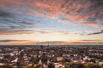 Romantic sunset over the skyline of Duisburg in autumn