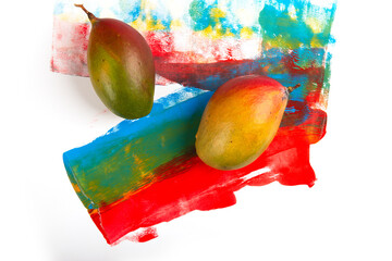 Two mango on colorful painted background