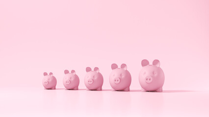 Many pink piggy banks in a pink interior. 3d render illustration.