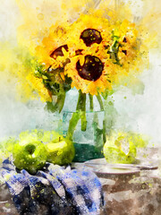 Sunflower bouquet painting in watercolor on table with apple fruits.
