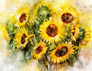 Sunflower bouquet painting in watercolor.