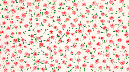 Beautiful bright contrast colorful pink and red roses blossom bloom and green leaves on branches pattern, classic design decorative art style texture on wall background, High resolution wallpaper