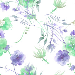 Watercolor seamless pattern, background with a floral pattern. vintage drawings of plants, flowers,branch, berry. Wild plant, grass. A beautiful branch with rose hips, lingonberries. Autumn pattern.