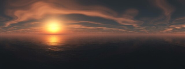 Ocean at sunrise, sunset at sea, panorama of seascape, 3D rendering