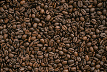 Fresh roasted coffee beans pattern, texture, goog morning background