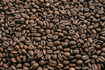 Fresh roasted coffee beans pattern, texture, goog morning background