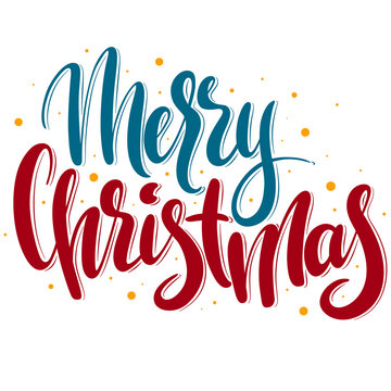 Vector hand writting lettering "Merry Christmas". Red and blue letters with yellow circles. Christmas text. Winter holiday clipart. Calligraphy isolated on white background