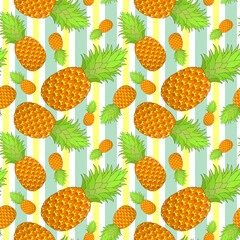 Pineapple seamless pattern on striped background. Tropical fruit repeating endless texture. Yummy boundless background. Food surface pattern design. Editable tile for textile or stationery