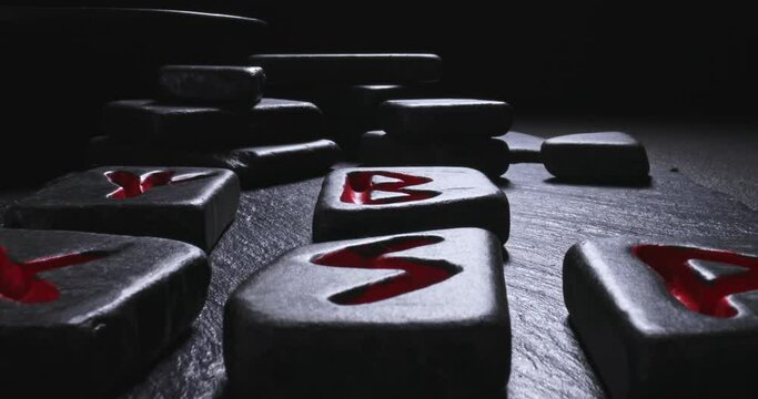 Runestones omen based on futhark alphabet. Parallax effect.