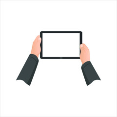 Tablet with hands vector illustration sketch drawing. Hand holding a tab mobile in illustration. Hand touching on tab screen in vector illustration. 