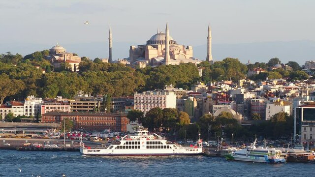 Wide angle footage of Hagia Sophia and Golden Horn as seen from Galata District