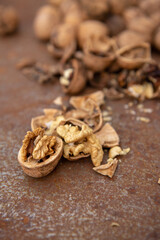 Walnuts on rustic plate at Autumn