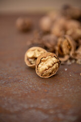 Walnuts on rustic plate at Autumn