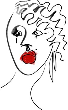 Avant-garde woman's portrait with bright red stroke on her lips area and decorative dots near her eyes. Abstract cubist minimal digital line art style. Great as poster, print, wall art.