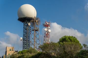 General view of a Doppler weather radar with television and radio repeater antennas, located at the...