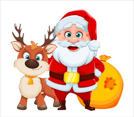 Cheerful Santa Claus standing near deer