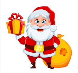 Cheerful Santa Claus holding gift box