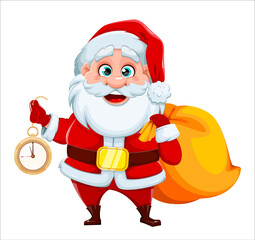 Cheerful Santa Claus holding pocket clock