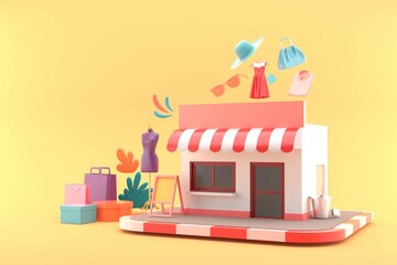 The shop is surrounded by shopping bags and clothes on a yellow background.-3d rendering..